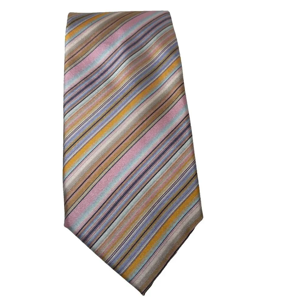 Tailor Byrd Striped 100% Silk Tie Pink Blue Yellow White Italy